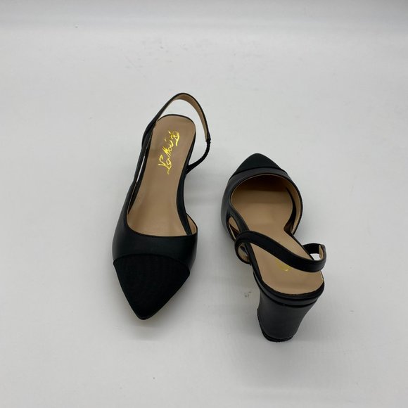 FOWT Black Slingback Pointy Toe Chunky Sandal Heel - Picture 5 of 8